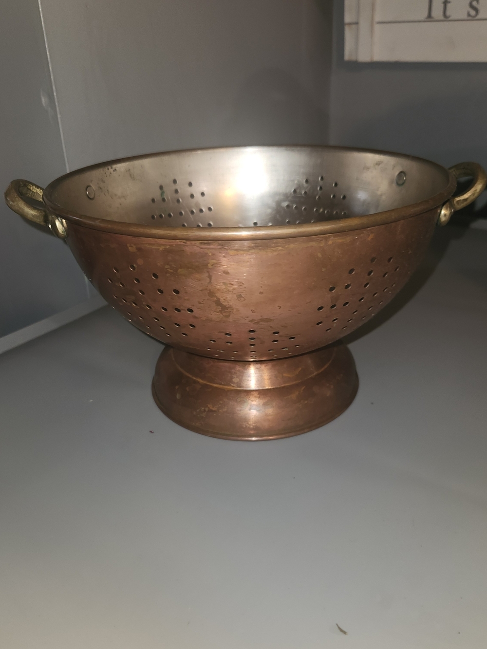 Vintage Copper Colander Strainer Bowl Brass Handles. 9x5.5"